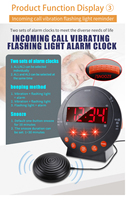 Réveil double alarme super puissant avec lumière LED clignotante, sonnette et rappel téléphonique, vibration, réveil vibrant pour malentendants
