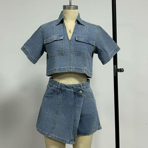 Channel 2-teiliges Set: V-Ausschnitt Kurzarm Crop Top Pullover mit Hochgeschnittener Jeansrock-Hose, Passende Denim-Outfits für Damen 2026 - Product Image 5