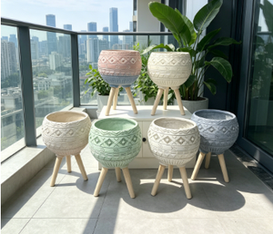 Modern Ceramic Flower <b>Pots</b> with Wood Legs Hand Carved Geometric Design Indoor Planters Set of 5 for Green Plants - Product Image 2