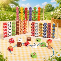 Juego de Columnas de Madera, Juego Educativo Temprano para Niños, Bloques de Apilamiento, Juguetes de Aprendizaje para Niños, Montessori 3 en 1, Juguete de Enhebrado