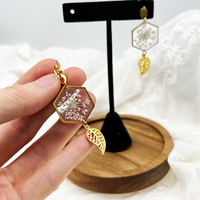 Bijoux anciens pour femmes, feuille hexagonale en or et dentelle de la reine Anne, véritable fleur, boucles d'oreilles pour elle