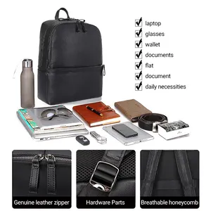 Mochila masculina de couro com grande capacidade, mochila masculina de couro preta para laptop 14 polegadas