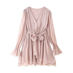 SHENZHU Ropa de Mujer Otoño 2025, Nuevo Vestido de <span class=keywords><strong>Moda</strong></span> con Lazo en la Cintura, Vestido Mini Femenino Retro con Cuello en V y Manga Larga - Product Image 2