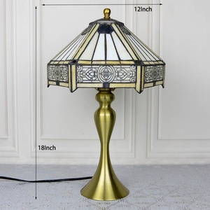 LongHuiJing 16Inch Tiffany <b>Lamp</b> Yellow Hexagon Stained Glass <b>Lamp</b> Lampshade Antique Style <b>Base</b> Home <b>Table</b> <b>Lamps</b> - Product Image 4