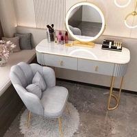 Meubles de chambre à coucher modernes blancs, miroir LED pour le maquillage, 2 tiroirs, tabouret rembourré, table de maquillage
