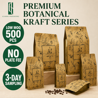 Sac à café en papier kraft brun biodégradable avec valve unidirectionnelle, fond plat de qualité alimentaire, emballage écologique pour grains de café avec fermeture éclair
