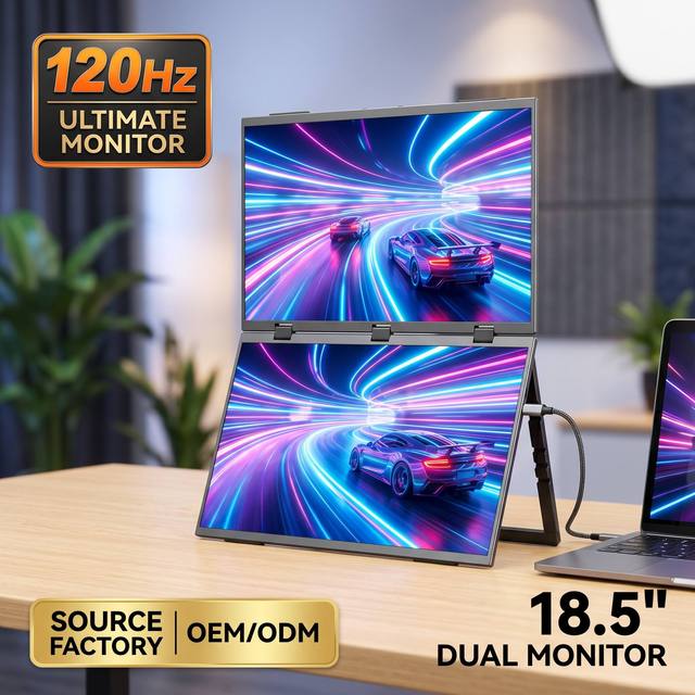 18.5 Inch Portable Dual Screen Gaming Monitor 1080p IPS Type C 120Hz Foldable Stacked Design VESA Mountable Speaker Plug & Play
