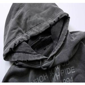 เสื้อฮู้ดดี้ผู้ชายสำหรับฤดูหนาว ลายปัก สีสาด ดีไซน์เนอร์ ล้างสีแบบดิจิตอล ทำสีซีดแบบดิสเทรส ผ้าฝ้าย 100% ทรงโอเวอร์ไซส์ - Product Image 3