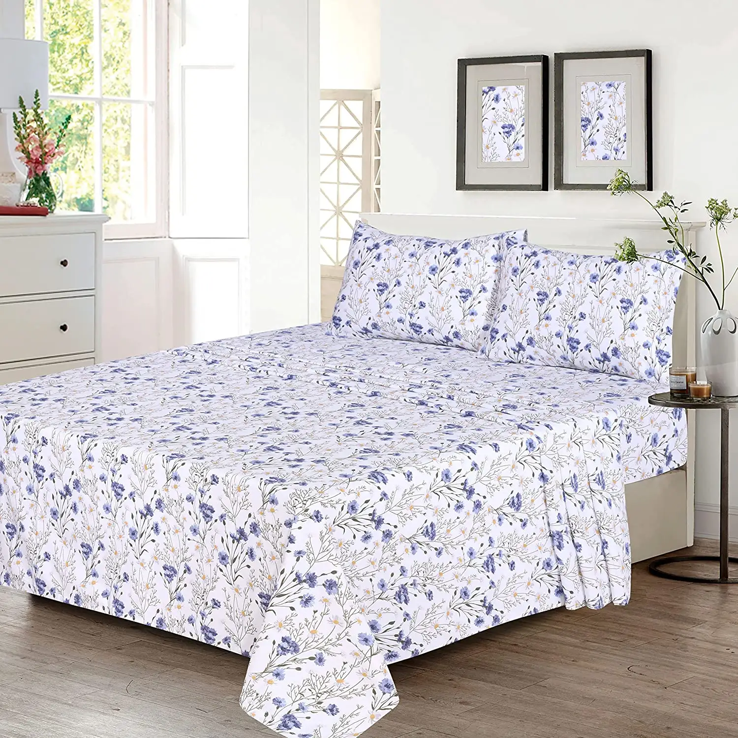 Aoka Beliebter Lieferant Amazon Hot Sale Digital bedruckte Bettwäsche, 4-teilige Bett garnituren, blaue und gelbe Blumen-Bettwäsche in voller Größe