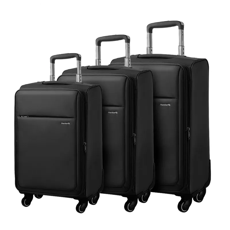 Handke factory price cheap soft nylon luggage 4 spinner 360 degree wheels aluminum alloy trolley travel suitcase