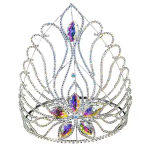 Beauty Pageant Koningin Kronen Bruids Hoofdtooi Kroon Ab Kleur Crystal Rhinestone Bloemvorm Grote Kroon