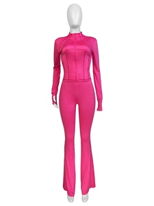 Trajes de otoño para mujer Chaqueta sólida Top y pantalones acampanados de cintura alta Conjunto de dos piezas a juego Ropa de mujer para correr - Product Image 4