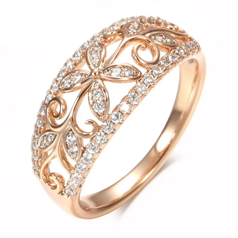 Natural Zircon Crystal Flower Rings for Women 585 Rose Gold Fine Hollow Ethnic Wedding Ring Vintage Jewelry