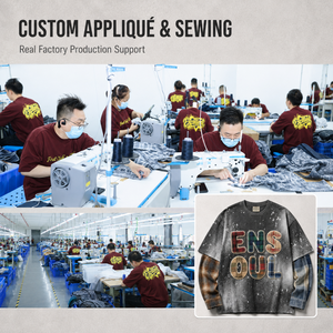 T-shirt Oversize da <span class=keywords><strong>Uomo</strong></span> Personalizzata a Doppio Strato a Maniche Lunghe, con Lavaggio Vintage, Applicazioni a <span class=keywords><strong>Quadri</strong></span> e Patchwork, Verniciatura Spray - Product Image 5