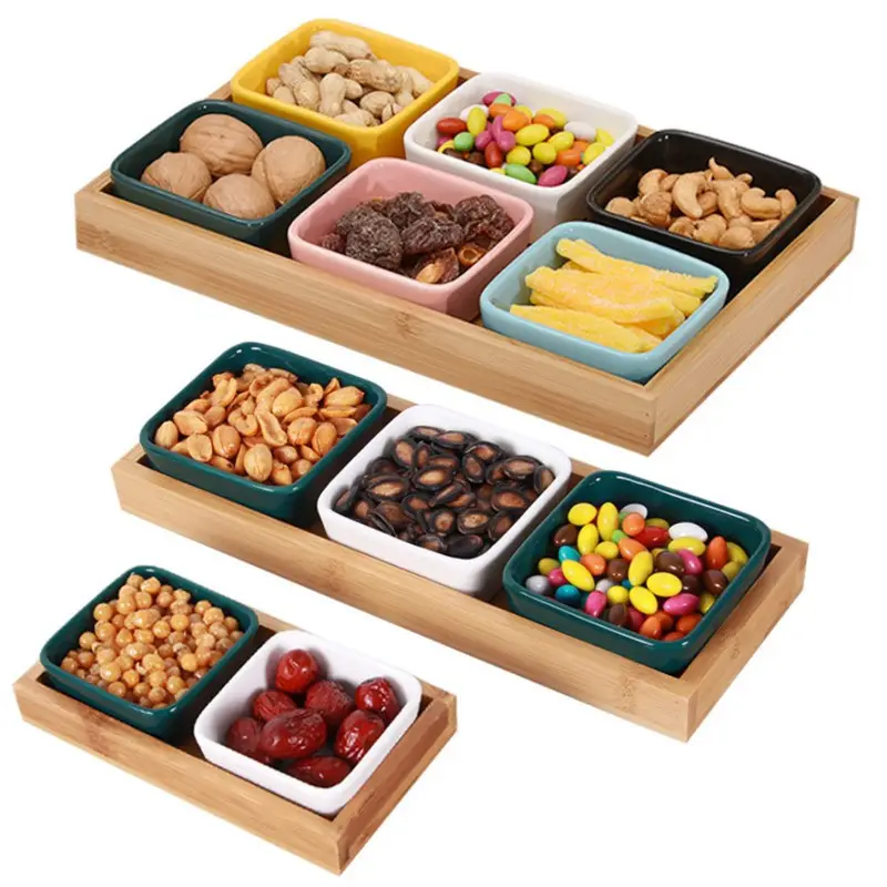 Nordic modern serving tray square bowls dish nuts dried fruit divider ceramic snack fruit tray set