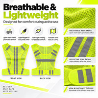 Gilet de sécurité réfléchissant léger à sangles latérales réglables en maille avec fermeture Velcro pour la course, le cyclisme et la marche en extérieur pour adultes