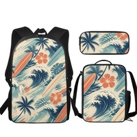 Ensemble de sac à dos scolaire imprimé surf hawaïen en gros avec sac à déjeuner et trousse à crayons, kit trois pièces en polyester