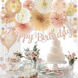 Globos Crema, Pancarta Feliz <span class=keywords><strong>Cumpleaños</strong></span>, Faroles <span class=keywords><strong>de</strong></span> Papel Color Durazno, Pompones <span class=keywords><strong>de</strong></span> Papel, Abanico, Decoraciones <span class=keywords><strong>de</strong></span> <span class=keywords><strong>Cumpleaños</strong></span> en Color Champán Dorado y Beige <span class=keywords><strong>para</strong></span> Mujeres y Niñas - Product Image 4