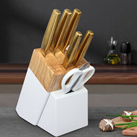 Ensemble de 7 couteaux de luxe dorés en acier inoxydable, ensemble de couteaux de chef, manche creux, couteaux de cuisine avec porte-couteaux en bois