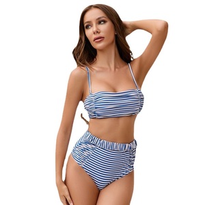 New striped two-piece swimsuit for women, featuring sexy backless design, spaghetti straps, high-waist, and pleated <b>details</b>. - Product Image 6