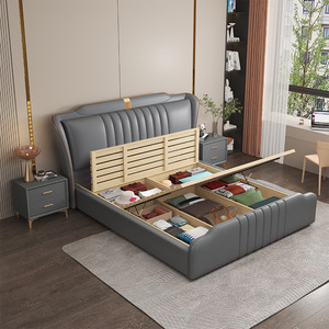 <span class=keywords><strong>Letto</strong></span> <span class=keywords><strong>matrimoniale</strong></span> moderno minimalista in legno massello color crema con rivestimento in pelle Napapi, contenitore e design nordico di lusso leggero per camera da <span class=keywords><strong>letto</strong></span> padronale <span class=keywords><strong>king</strong></span>-<span class=keywords><strong>size</strong></span> - Product Image 3