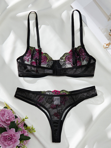 Ensemble de lingerie sexy pour femmes, soutien-gorge en dentelle noire transparente, culotte brodée en soie, string, logo sur la taille, nylon, lingerie sexy pour filles - Product Image 2