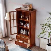 Mueble Bar Alto Estilo Rústico Vintage con Puertas de Vidrio y Cajones, Color Cerezo, Mueble para Vinos para Espacios Pequeños, Madera Maciza para Comedor