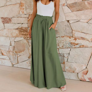 Pantalon droit formel pour femme écologique respirant polyester/coton devant plat taille haute élastique coupe ample pleine longueur - Product Image 1