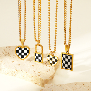 Trendy 18k Gold-Plated Stainless Steel Pendant Necklace Non-Tarnish <strong>Black</strong> White Chess Plaid Rhombus <strong>Heart</strong> for Weddings Parties - Product Image 1