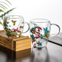 Gobelet à boire transparent en verre personnalisé avec paille, ensemble de gobelets à café, gobelet en verre à double paroi avec fleur séchée