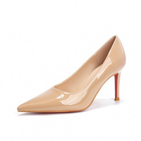 [B-168-2] Escarpins Nude pour Femme, Talons Rouges Sexy, Style Coréen Uni, pour Pieds Larges et Grandes Tailles, en Cuir Verni Noir, Grandes Tailles