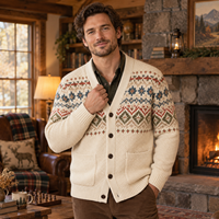 Kardigan Rajut Pria Fair Isle V-Neck Kancing Depan Jaket Rajut Jacquard Nordik Vintage Pakaian Rajut Musim Dingin Custom OEM ODM Grosir