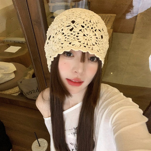 Women's <strong>Lazy</strong> Beanie Hat Hand Woven Hollow Floating Flower Head Elastic Crochet Hat Lightweight Elastic comfort Knitted Hat - Product Image 1
