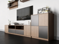 Meuble TV moderne en bois noir avec étagères murales flottantes, console multimédia et bibliothèque pour salon