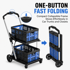 <b>Double</b>-Layer Plastic Shopping Cart With Blue <b>Bins</b> Four-Wheel Movable Trolley - Product Image 3
