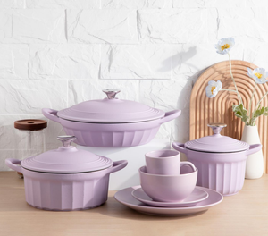 <b>Soup</b> Cooking <b>Pot</b> Wholesale Custom Lilac Purple Ribbed Ceramic Cookware Set, Stoneware Casserole & Dinnerware, Free Design Logo - Product Image 1