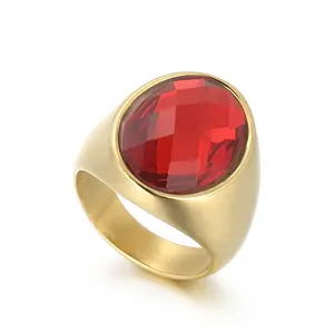 Kalen Wholesale Temperament 18K Gold Plating Red Glass Rings Lady Stainless Steel Jewelry Finger Ring