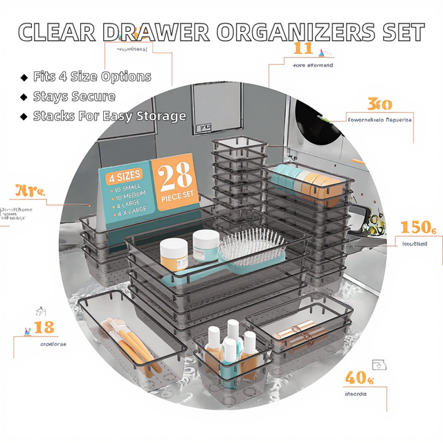 Modern Transparent PS Drawer Organizers Set 4 Sizes Stackable Design Multifunction Non-Slip Office Supply Desk Kitchen Storage