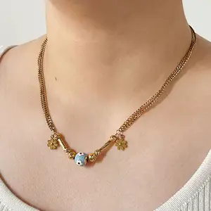N0163 collier à breloques en boule d'émail de fleur bleue et blanche française pour femmes, chaîne à 2 brins en acier inoxydable, bijoux de collier libre de ternissure florale
