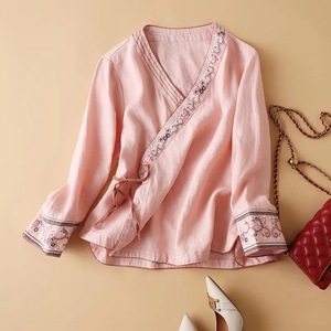 Embroidered Cotton Linen Top Women Loose Fit V Neck Diagonal Placket Purple Ethnic Style Tea Dress - Product Image 2