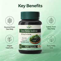 Capsules d'iodine à base d'algues marines, marque privée OEM |   225 mcg d'iode par portion, 20 capsules végétales, complément alimentaire sans gluten