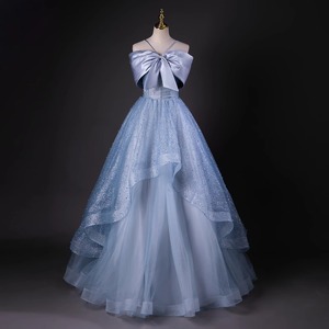 Off-The-Shoulder Evening Gown Blue Empire Waist Bow Detail For Annual Meeting - Product Image 2
