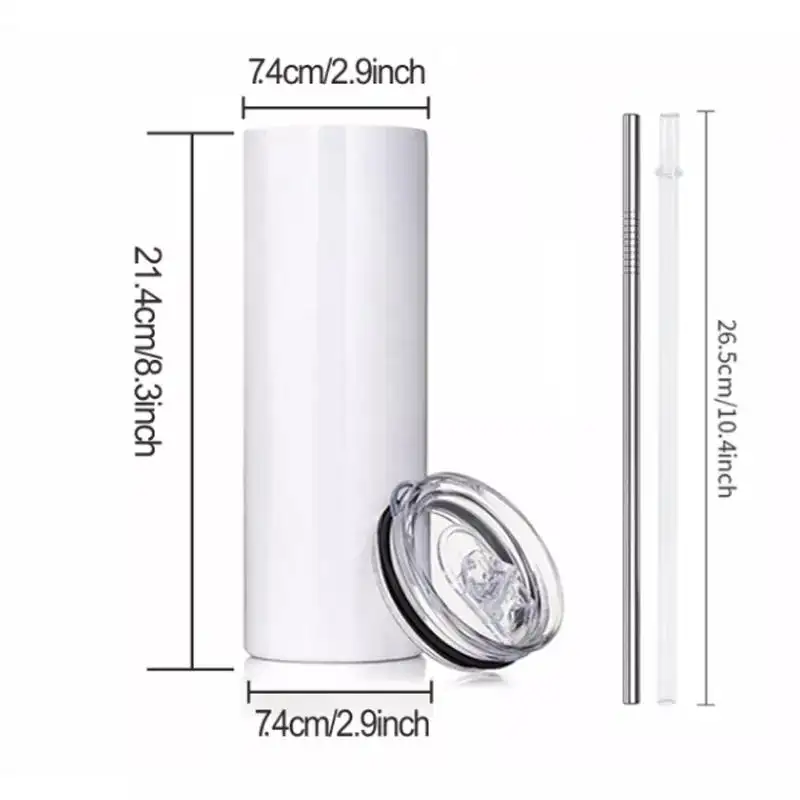 USA warehouse 20oz skinny White Straight Sublimation Blanks Stainless Steel Tumblers With Straws