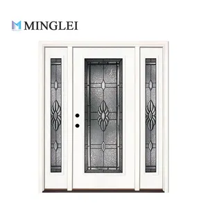 Portes d'entrée extérieures en fibre de verre préfinies Minglei avec feux latéraux