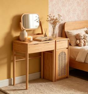 Premium Solid Oak Rattan <b>Dressing</b> <b>Table</b> Adjustable Mirror Multi <b>Storage</b> Cabinet Minimalist Bedroom Makeup Vanity - Product Image 1