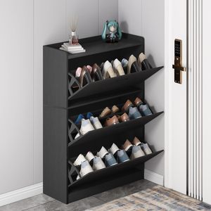 Meuble de rangement à chaussures en bois noir multicouche ultra-mince et haut, avec 3 portes coulissantes et palette en bambou - Product Image 2