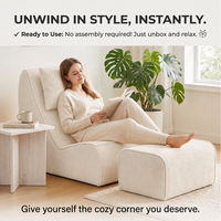 Chaise longue inclinable en velours côtelé ivoire à une place avec ottoman, ensemble compact pour salon et petit appartement