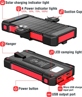 12000mAh, chargeur solaire portable avec 2 ports USB, lampe de poche LED à ventouse pour l'extérieur, compatible avec iPhone, Samsung