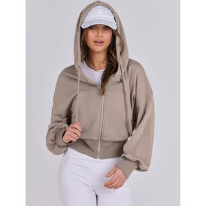 FOXA Sweat à capuche court zippé pour femme, épaules tombantes, décontracté, confortable, respirant, en mélange de coton tricoté, tenue de mode automne - Product Image 4