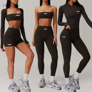 OEM femmes Yoga Leggings Set Sports Tube Top Crop Smock à manches longues à capuche Zipper Jacket Outdoor Running Pants Gym Fitness Sets - Product Image 1